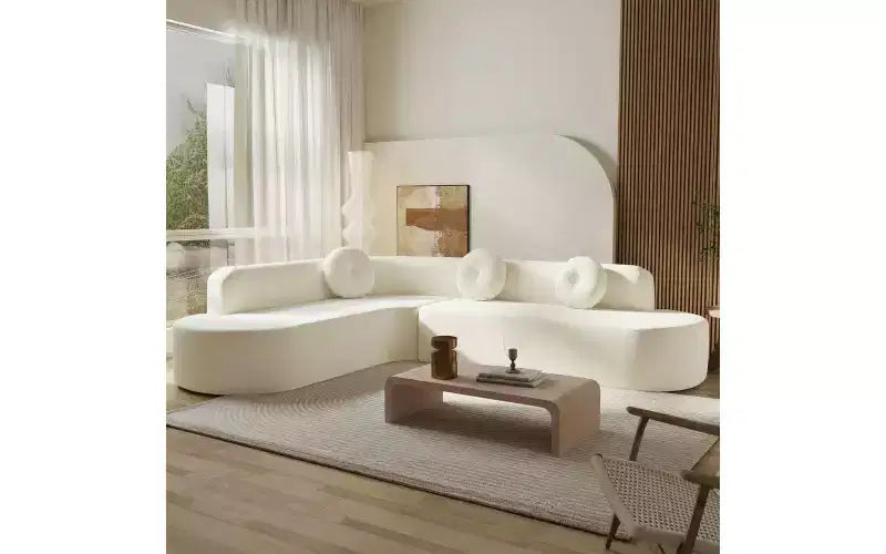 Canapé d'angle extra large Whisen 310 cm, canapé élégant en tissu avec trois coussins ronds, mousse haute résilience