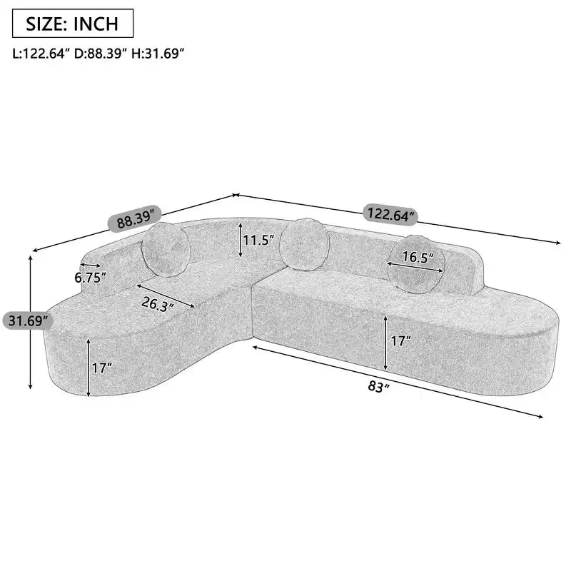 Canapé d'angle extra large Whisen 310 cm, canapé élégant en tissu avec trois coussins ronds, mousse haute résilience