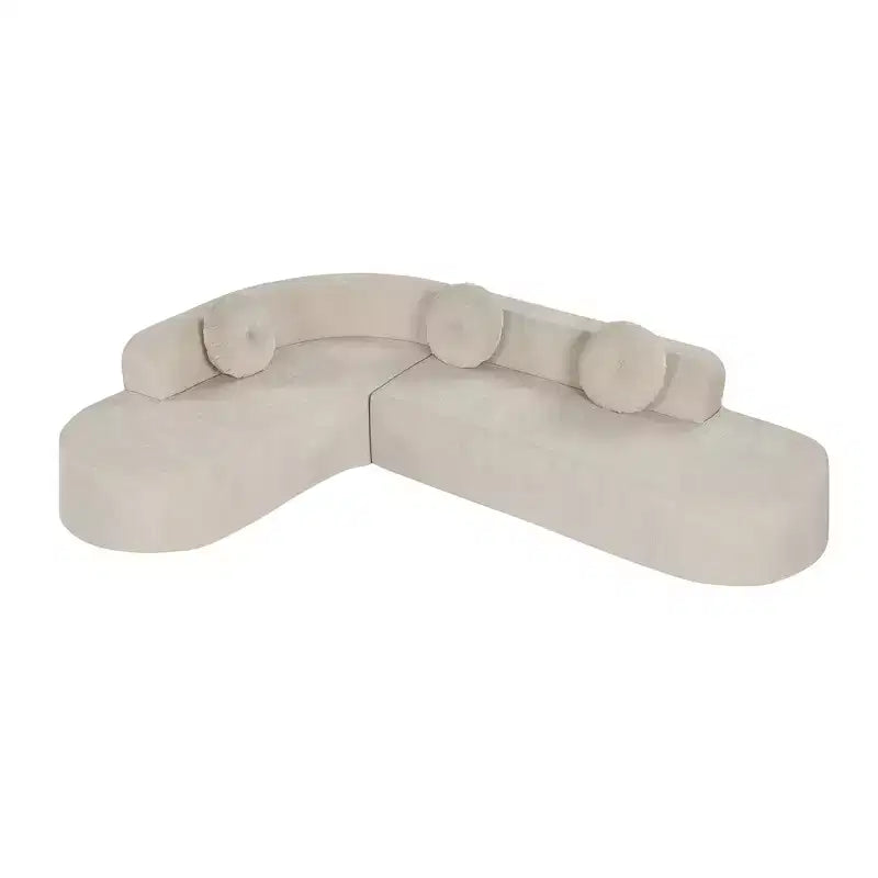 Canapé d'angle extra large Whisen 310 cm, canapé élégant en tissu avec trois coussins ronds, mousse haute résilience