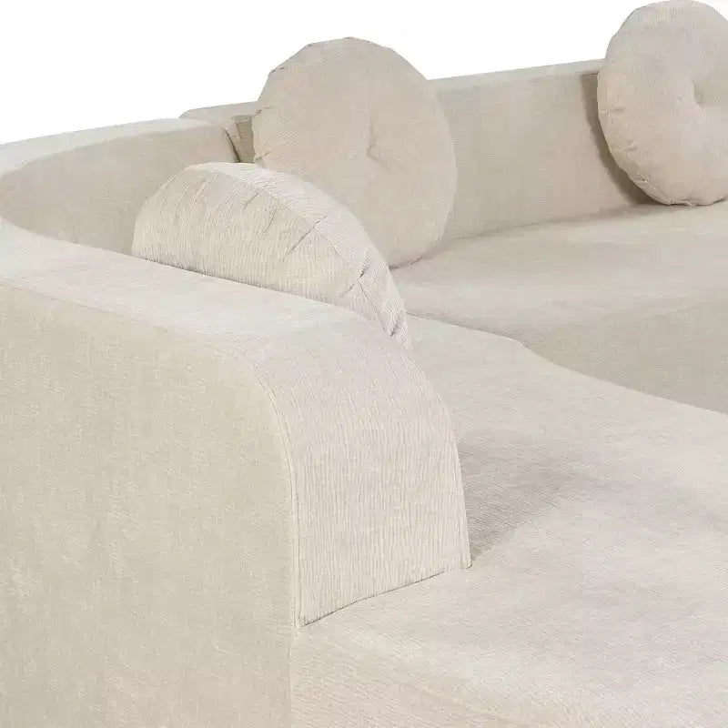 Canapé d'angle extra large Whisen 310 cm, canapé élégant en tissu avec trois coussins ronds, mousse haute résilience