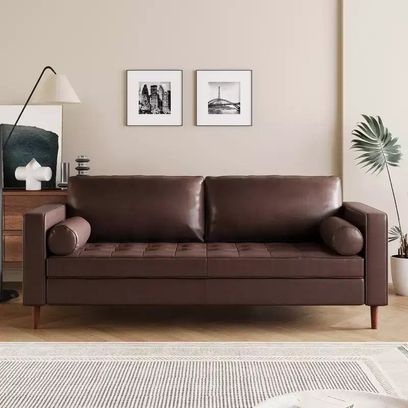 Canapé 3 places en cuir PU Whisen, canapé de style moderne du milieu du siècle avec design capitonné, pieds en bois massif, 2 traversins