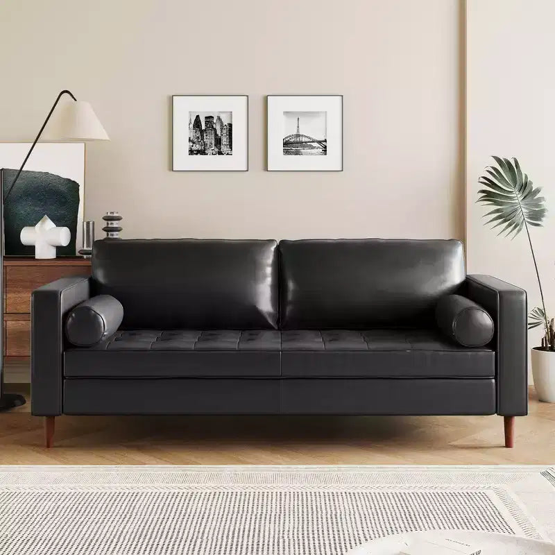 Canapé 3 places en cuir PU Whisen, canapé de style moderne du milieu du siècle avec design capitonné, pieds en bois massif, 2 traversins