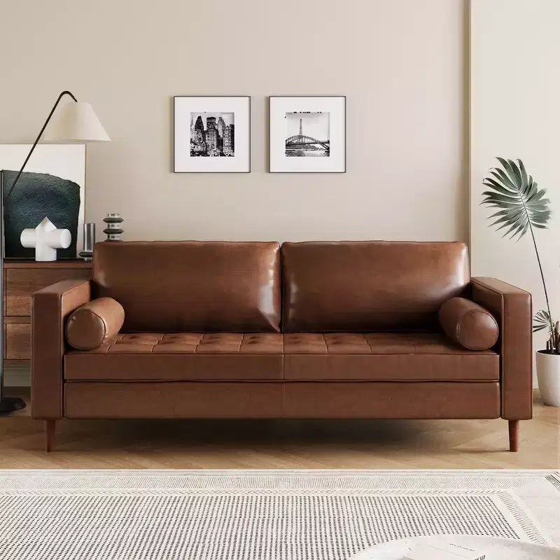 Canapé 3 places en cuir PU Whisen, canapé de style moderne du milieu du siècle avec design capitonné, pieds en bois massif, 2 traversins