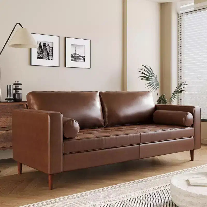 Canapé 3 places en cuir PU Whisen, canapé de style moderne du milieu du siècle avec design capitonné, pieds en bois massif, 2 traversins
