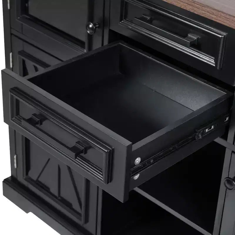 sumyeg Îlot de cuisine 54.9 avec abattant, prise de courant, chariot de rangement avec portes vitrées et portes de grange, 4 étagères et roulettes (sans tabourets)