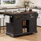 sumyeg Îlot de cuisine 54.9 avec abattant, prise de courant, chariot de rangement avec portes vitrées et portes de grange, 4 étagères et roulettes (sans tabourets)