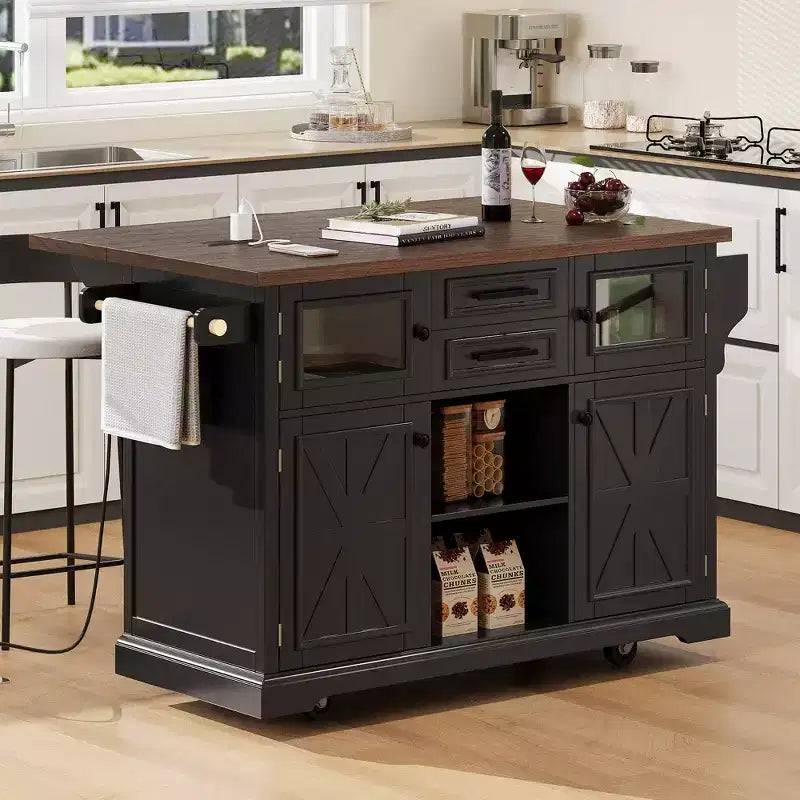 sumyeg Îlot de cuisine 54.9 avec abattant, prise de courant, chariot de rangement avec portes vitrées et portes de grange, 4 étagères et roulettes (sans tabourets)