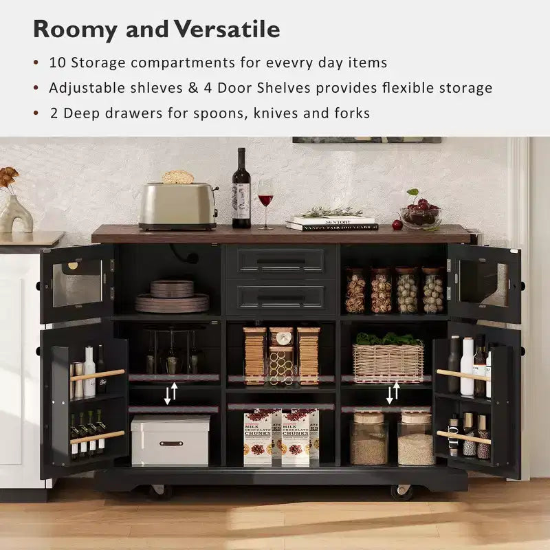 sumyeg Îlot de cuisine 54.9 avec abattant, prise de courant, chariot de rangement avec portes vitrées et portes de grange, 4 étagères et roulettes (sans tabourets)