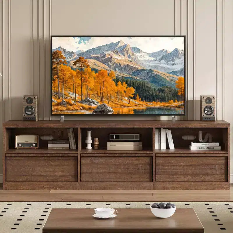 Meuble TV moderne du milieu du siècle de 70 pouces – Grande console multimédia pour téléviseurs de 80 pouces, avec étagères ouvertes, centre de divertissement pour salon/chambre à coucher