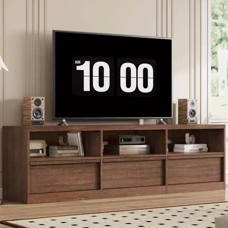 Meuble TV moderne du milieu du siècle de 70 pouces – Grande console multimédia pour téléviseurs de 80 pouces, avec étagères ouvertes, centre de divertissement pour salon/chambre à coucher
