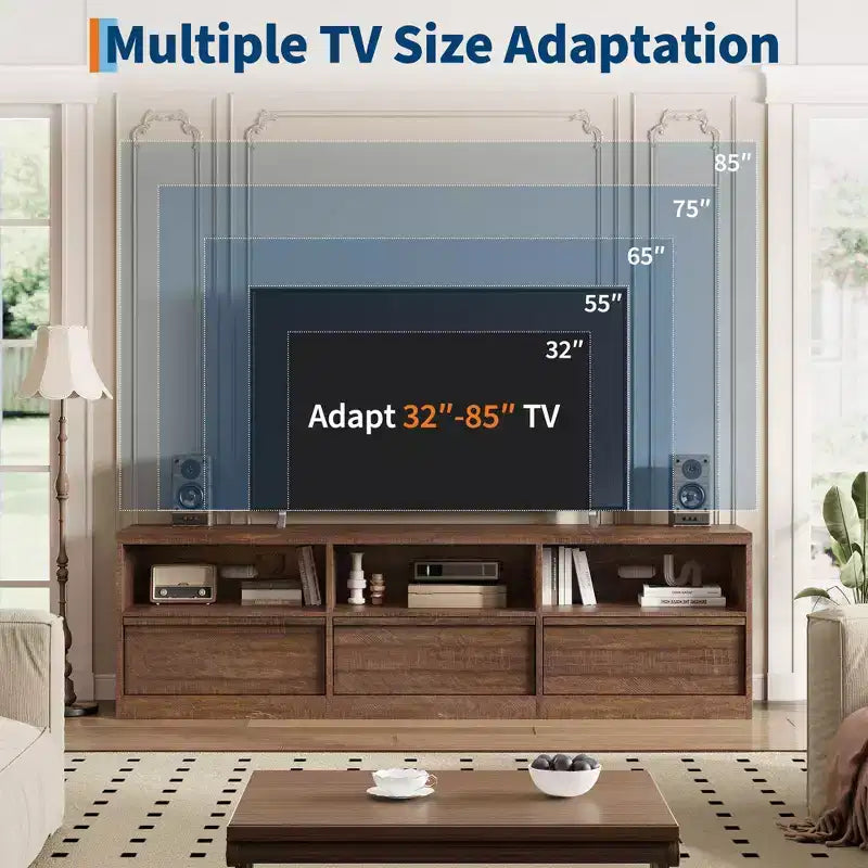 Meuble TV moderne du milieu du siècle de 70 pouces – Grande console multimédia pour téléviseurs de 80 pouces, avec étagères ouvertes, centre de divertissement pour salon/chambre à coucher