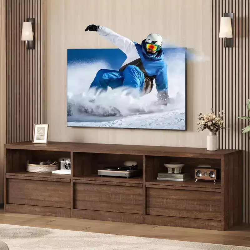 Meuble TV moderne du milieu du siècle de 70 pouces – Grande console multimédia pour téléviseurs de 80 pouces, avec étagères ouvertes, centre de divertissement pour salon/chambre à coucher