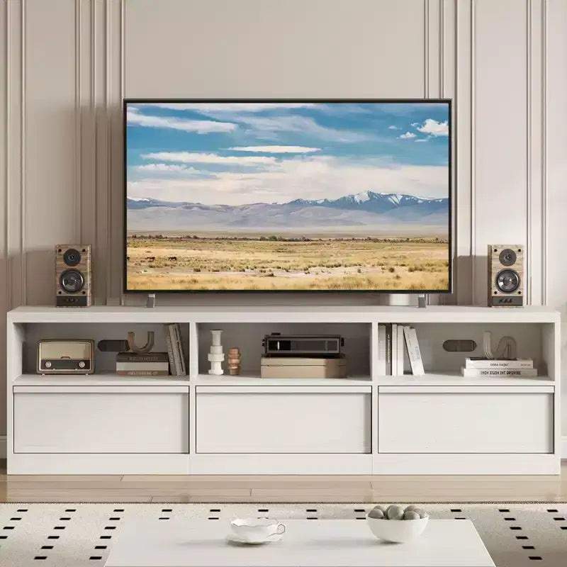 Meuble TV moderne du milieu du siècle de 70 pouces – Grande console multimédia pour téléviseurs de 80 pouces, avec étagères ouvertes, centre de divertissement pour salon/chambre à coucher