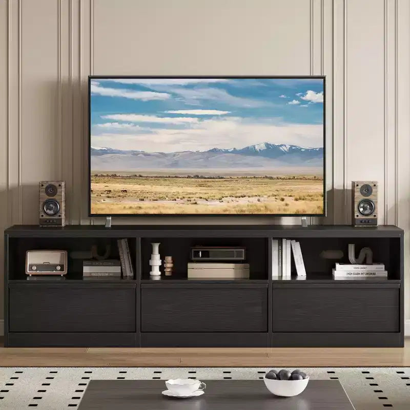 Meuble TV moderne du milieu du siècle de 70 pouces – Grande console multimédia pour téléviseurs de 80 pouces, avec étagères ouvertes, centre de divertissement pour salon/chambre à coucher
