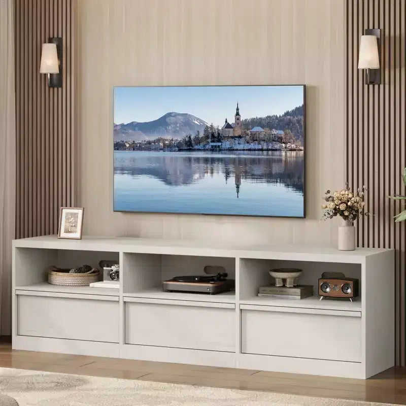 Meuble TV moderne du milieu du siècle de 70 pouces – Grande console multimédia pour téléviseurs de 80 pouces, avec étagères ouvertes, centre de divertissement pour salon/chambre à coucher
