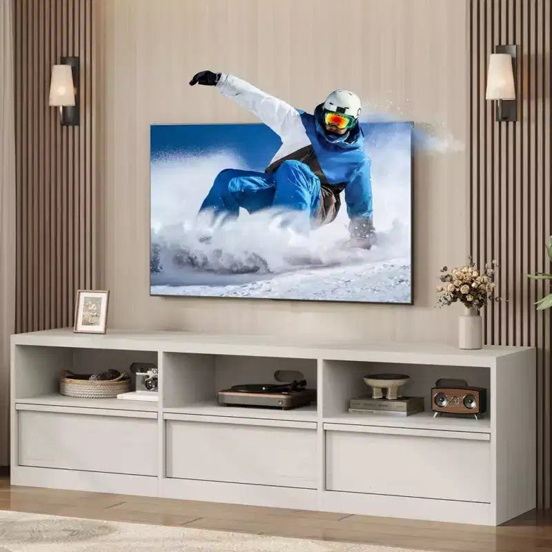 Meuble TV moderne du milieu du siècle de 70 pouces – Grande console multimédia pour téléviseurs de 80 pouces, avec étagères ouvertes, centre de divertissement pour salon/chambre à coucher