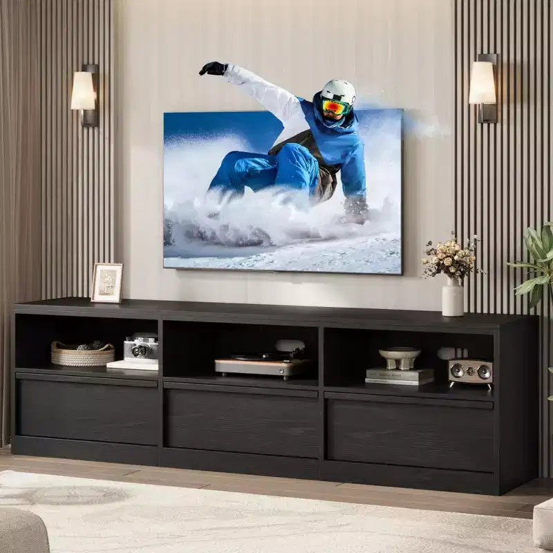 Meuble TV moderne du milieu du siècle de 70 pouces – Grande console multimédia pour téléviseurs de 80 pouces, avec étagères ouvertes, centre de divertissement pour salon/chambre à coucher