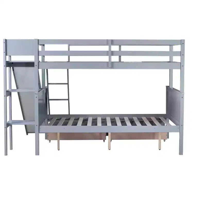 Lit superposé jumeau sur grand lit avec 2 tiroirs et étagères pour enfants, lit superposé en bois avec échelle et toboggan