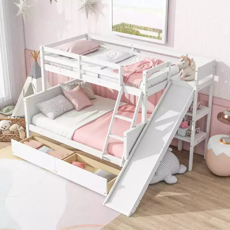 Lit superposé jumeau sur grand lit avec 2 tiroirs et étagères pour enfants, lit superposé en bois avec échelle et toboggan