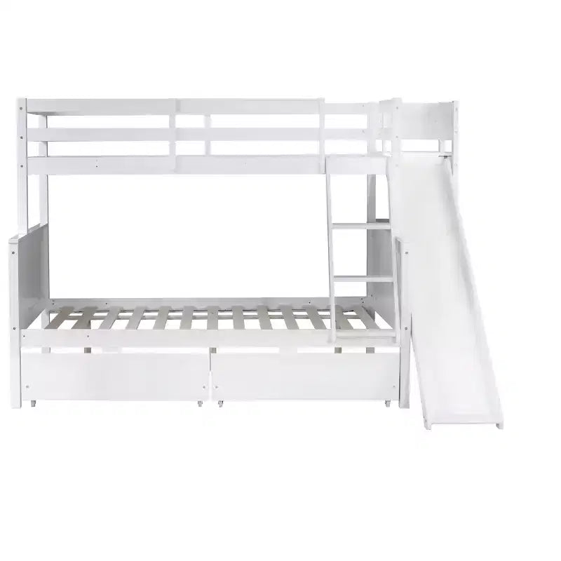 Lit superposé jumeau sur grand lit avec 2 tiroirs et étagères pour enfants, lit superposé en bois avec échelle et toboggan