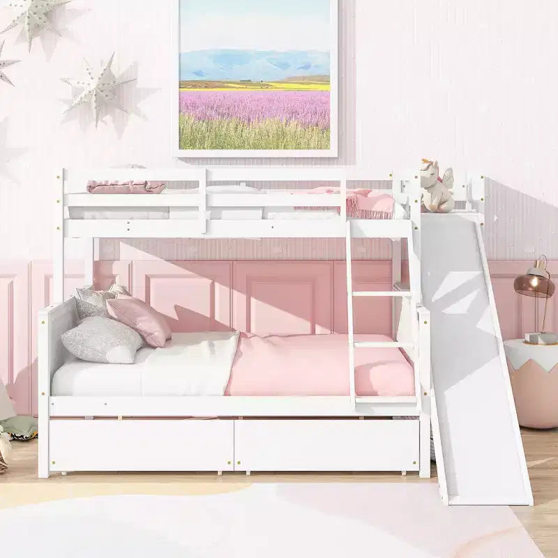 Lit superposé jumeau sur grand lit avec 2 tiroirs et étagères pour enfants, lit superposé en bois avec échelle et toboggan