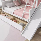 Lit superposé jumeau sur grand lit avec 2 tiroirs et étagères pour enfants, lit superposé en bois avec échelle et toboggan