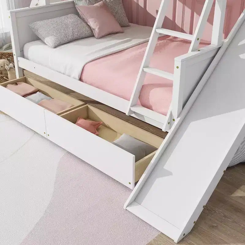 Lit superposé jumeau sur grand lit avec 2 tiroirs et étagères pour enfants, lit superposé en bois avec échelle et toboggan