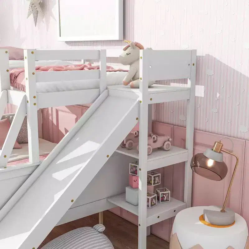 Lit superposé jumeau sur grand lit avec 2 tiroirs et étagères pour enfants, lit superposé en bois avec échelle et toboggan