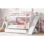 Lit superposé jumeau sur grand lit avec 2 tiroirs et étagères pour enfants, lit superposé en bois avec échelle et toboggan
