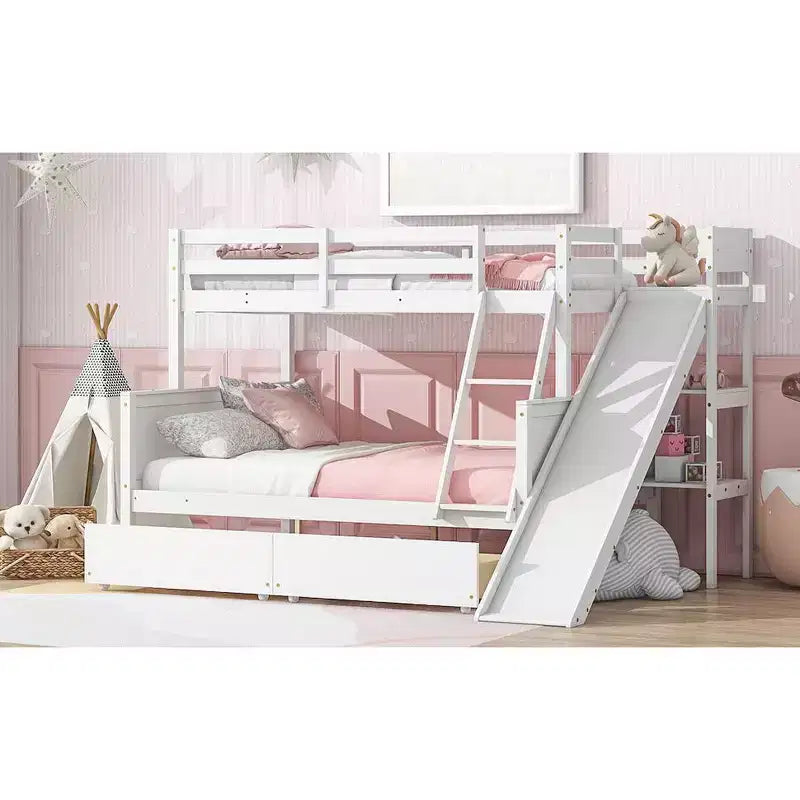 Lit superposé jumeau sur grand lit avec 2 tiroirs et étagères pour enfants, lit superposé en bois avec échelle et toboggan