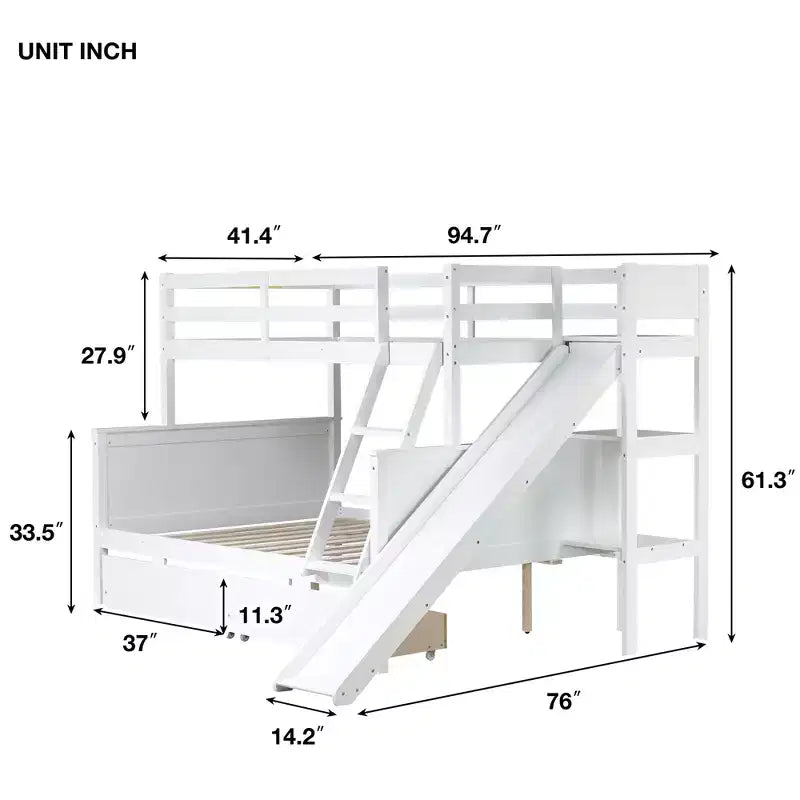 Lit superposé jumeau sur grand lit avec 2 tiroirs et étagères pour enfants, lit superposé en bois avec échelle et toboggan