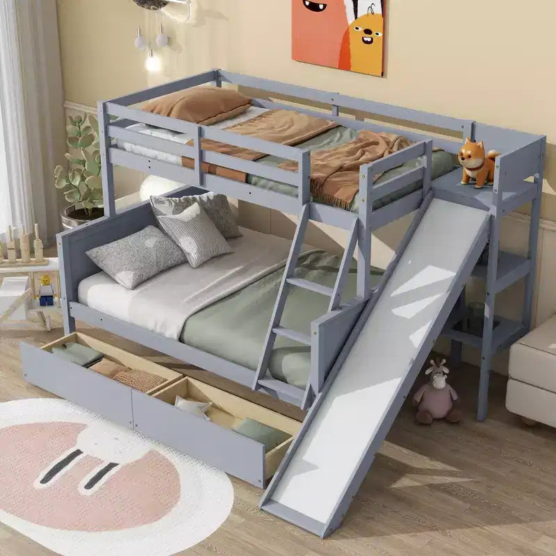 Lit superposé jumeau sur grand lit avec 2 tiroirs et étagères pour enfants, lit superposé en bois avec échelle et toboggan