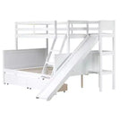 Lit superposé jumeau sur grand lit avec 2 tiroirs et étagères pour enfants, lit superposé en bois avec échelle et toboggan