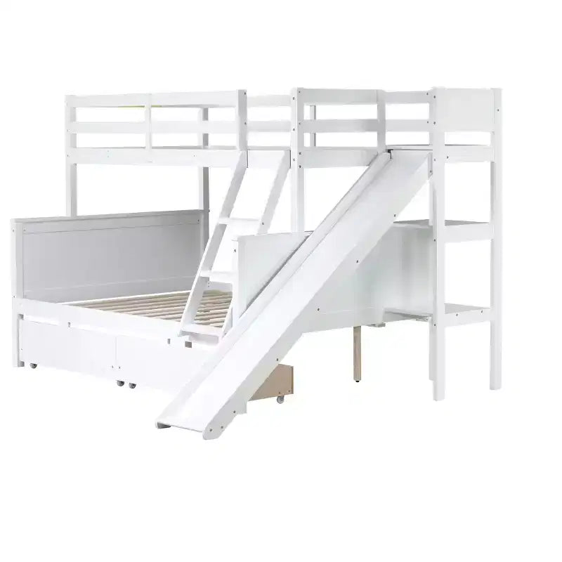 Lit superposé jumeau sur grand lit avec 2 tiroirs et étagères pour enfants, lit superposé en bois avec échelle et toboggan