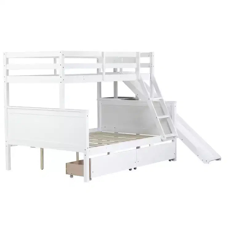 Lit superposé jumeau sur grand lit avec 2 tiroirs et étagères pour enfants, lit superposé en bois avec échelle et toboggan