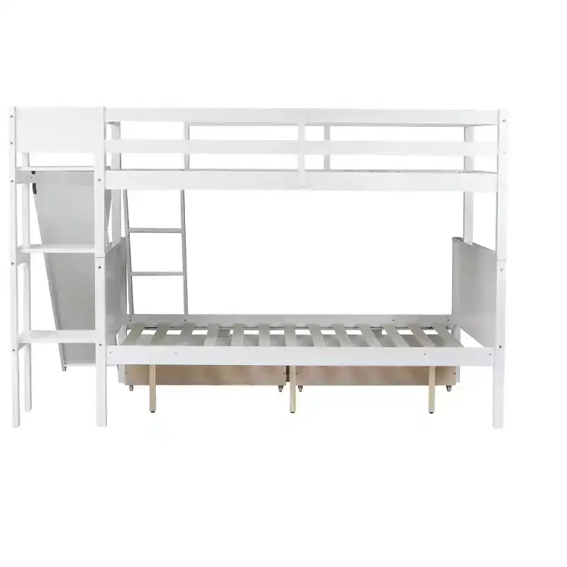 Lit superposé jumeau sur grand lit avec 2 tiroirs et étagères pour enfants, lit superposé en bois avec échelle et toboggan