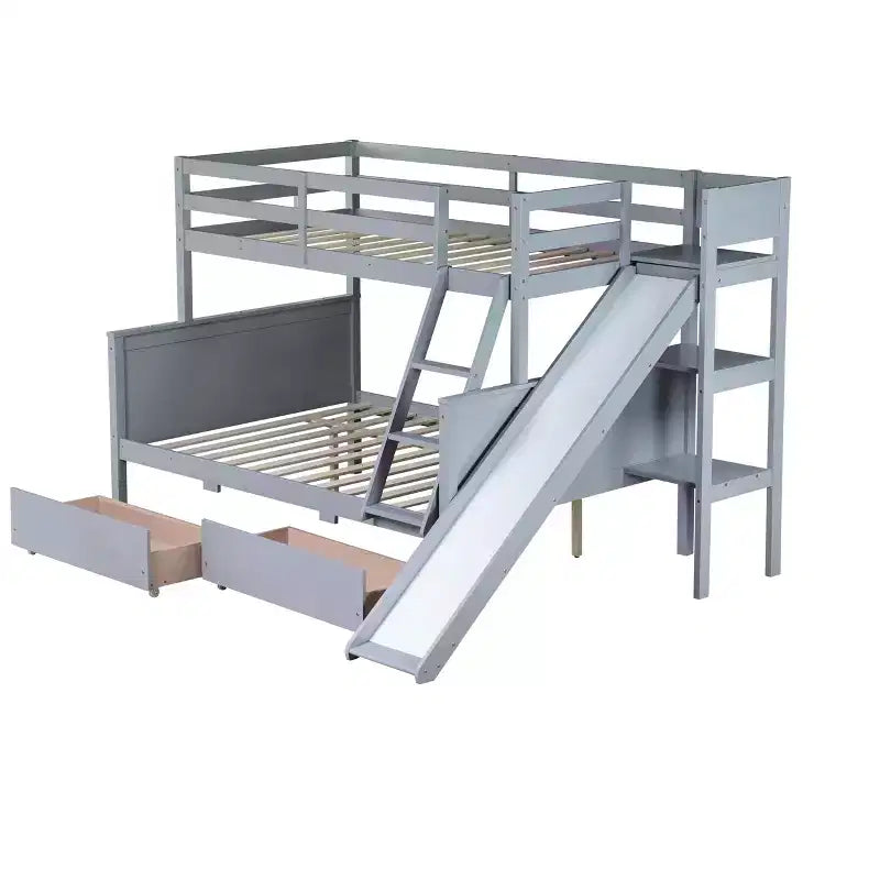 Lit superposé jumeau sur grand lit avec 2 tiroirs et étagères pour enfants, lit superposé en bois avec échelle et toboggan