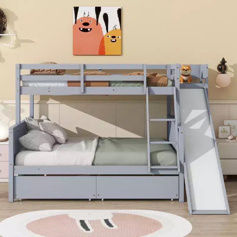 Lit superposé jumeau sur grand lit avec 2 tiroirs et étagères pour enfants, lit superposé en bois avec échelle et toboggan