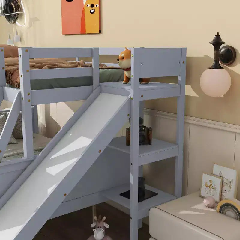 Lit superposé jumeau sur grand lit avec 2 tiroirs et étagères pour enfants, lit superposé en bois avec échelle et toboggan