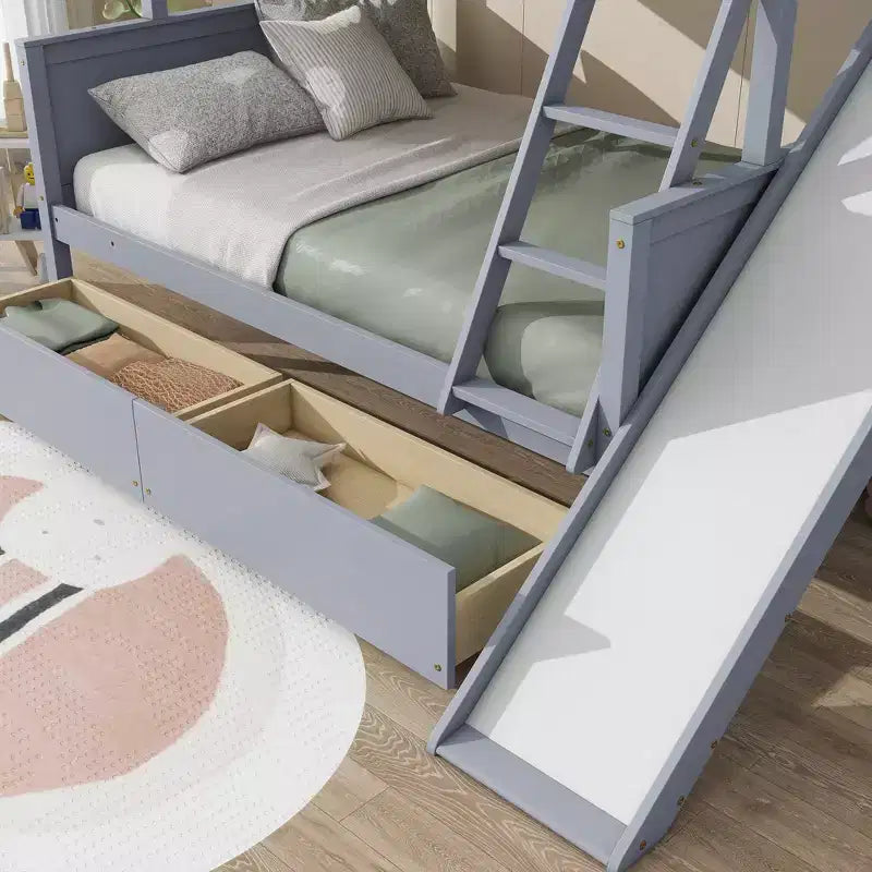 Lit superposé jumeau sur grand lit avec 2 tiroirs et étagères pour enfants, lit superposé en bois avec échelle et toboggan
