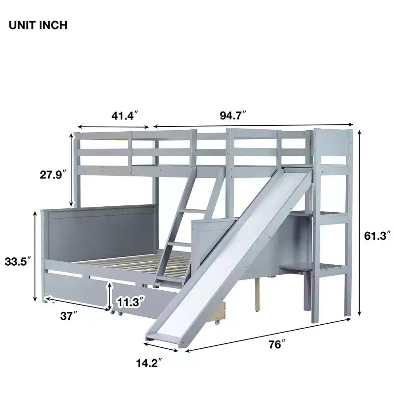 Lit superposé jumeau sur grand lit avec 2 tiroirs et étagères pour enfants, lit superposé en bois avec échelle et toboggan