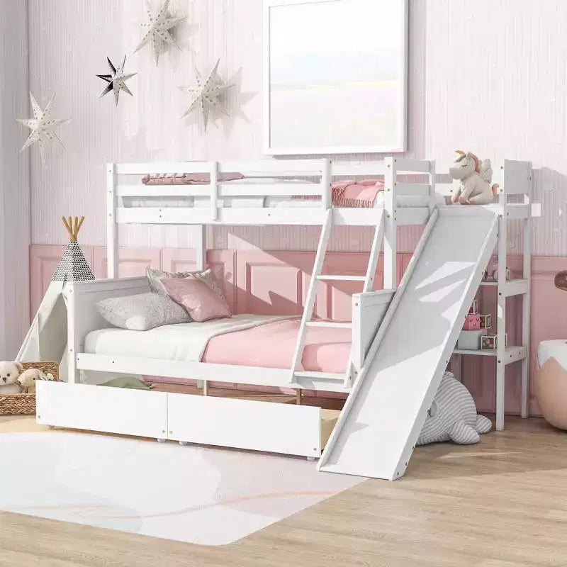 Lit superposé jumeau sur grand lit avec 2 tiroirs et étagères pour enfants, lit superposé en bois avec échelle et toboggan