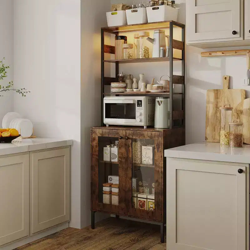 Acekool Étagère de Cuisine 170 cm avec Prise Électrique, Meuble de Rangement de Garde-Manger avec Lumières LED, Chariot de Bar avec Porte en Verre pour Salle à Manger, Salon