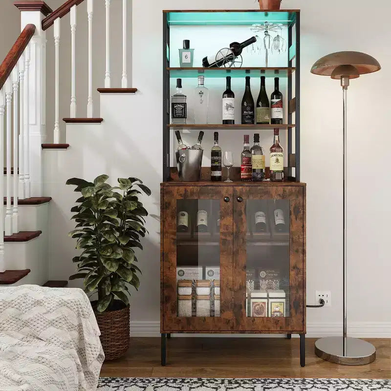 Acekool Étagère de Cuisine 170 cm avec Prise Électrique, Meuble de Rangement de Garde-Manger avec Lumières LED, Chariot de Bar avec Porte en Verre pour Salle à Manger, Salon