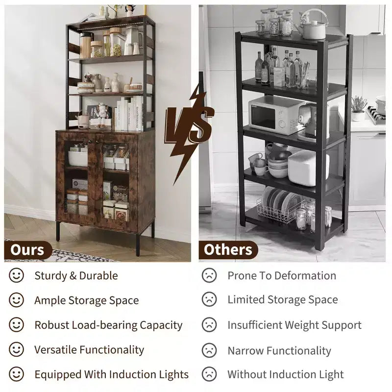 Acekool Étagère de Cuisine 170 cm avec Prise Électrique, Meuble de Rangement de Garde-Manger avec Lumières LED, Chariot de Bar avec Porte en Verre pour Salle à Manger, Salon