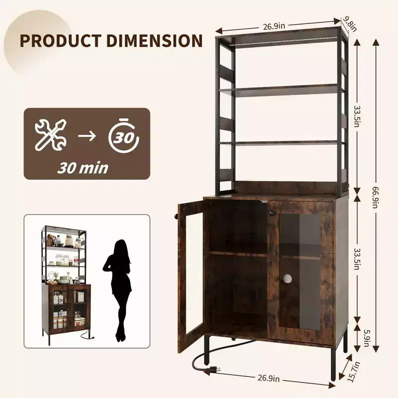 Acekool Étagère de Cuisine 170 cm avec Prise Électrique, Meuble de Rangement de Garde-Manger avec Lumières LED, Chariot de Bar avec Porte en Verre pour Salle à Manger, Salon