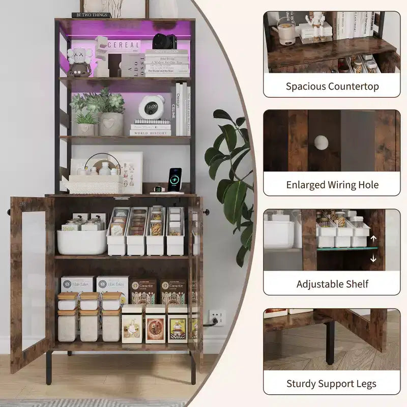 Acekool Étagère de Cuisine 170 cm avec Prise Électrique, Meuble de Rangement de Garde-Manger avec Lumières LED, Chariot de Bar avec Porte en Verre pour Salle à Manger, Salon