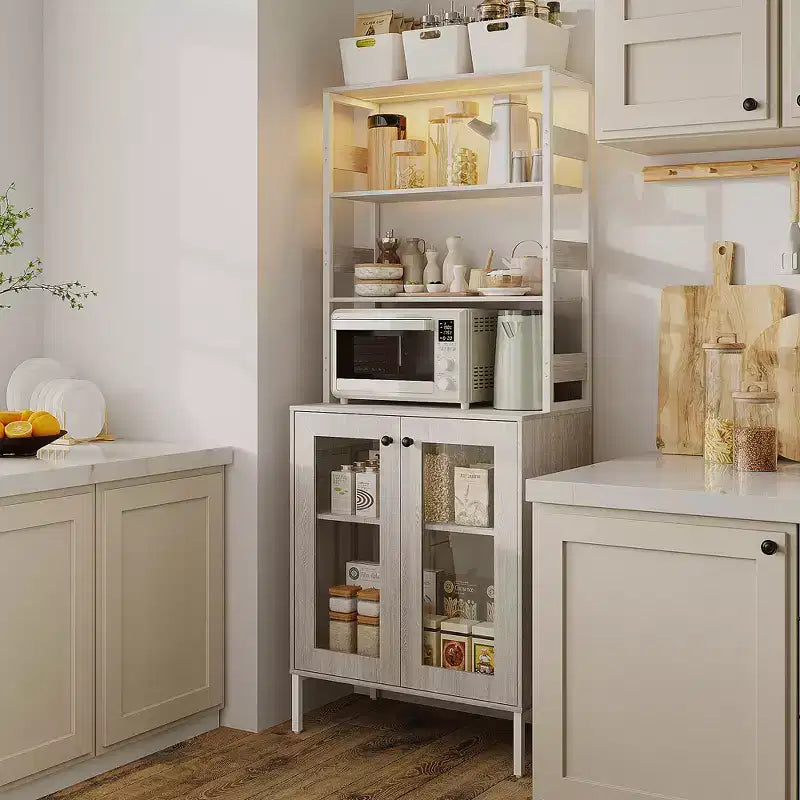 Acekool Étagère de Cuisine 170 cm avec Prise Électrique, Meuble de Rangement de Garde-Manger avec Lumières LED, Chariot de Bar avec Porte en Verre pour Salle à Manger, Salon