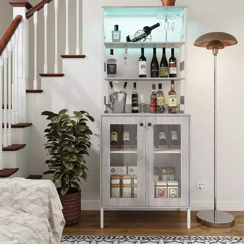 Acekool Étagère de Cuisine 170 cm avec Prise Électrique, Meuble de Rangement de Garde-Manger avec Lumières LED, Chariot de Bar avec Porte en Verre pour Salle à Manger, Salon