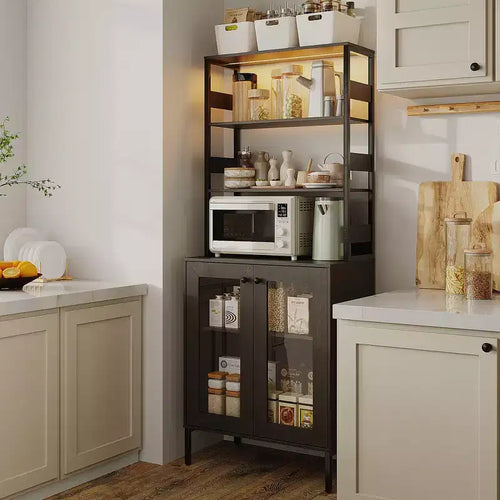 Acekool Étagère de Cuisine 170 cm avec Prise Électrique, Meuble de Rangement de Garde-Manger avec Lumières LED, Chariot de Bar avec Porte en Verre pour Salle à Manger, Salon
